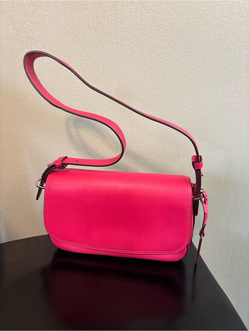 NWT Lauren Ralph Lauren Bright Pink 100% Leather Crossbody Bag Silver Hardware